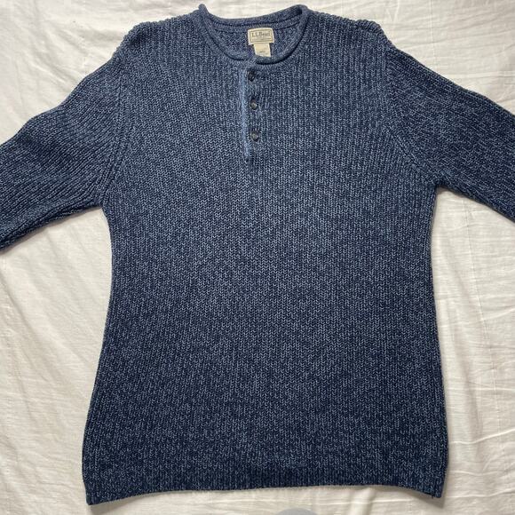 L.L. Bean Henley Sweater Blue Roll Neck Sz Medium Men's Cotton Knit Chunky Cozy - Picture 2 of 5